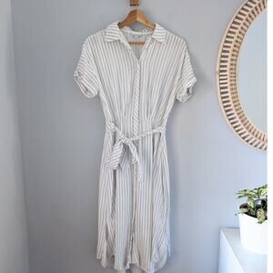 JOIE Chellie Pinstriped Midi Shirt Dress Short Sleeve White Belted Size XS EUC